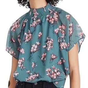 Madewell Anthropologie Floral Smocked Neck Teal Green Top Blouse Size Small
